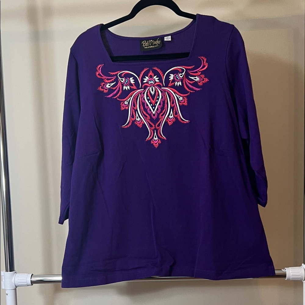 Bob Mackie Purple Long Sleeve Top with Pink Embroidery